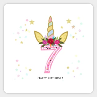 Seventh birthday. Seven. Unicorn birthday invitation. Party invitation greeting card Sticker